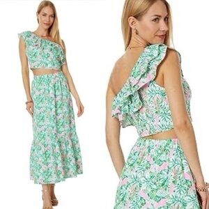 Lilly Pulitzer Dress Women's‎ 4 Kasida Ruffle Set One Shoulder Top Maxi Skirt